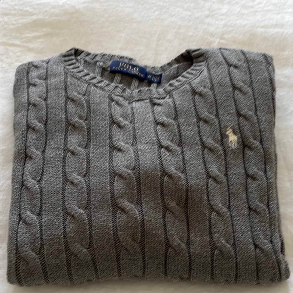 Polo Ralph Lauren vintage motion cable knit sweater, color is medium grey